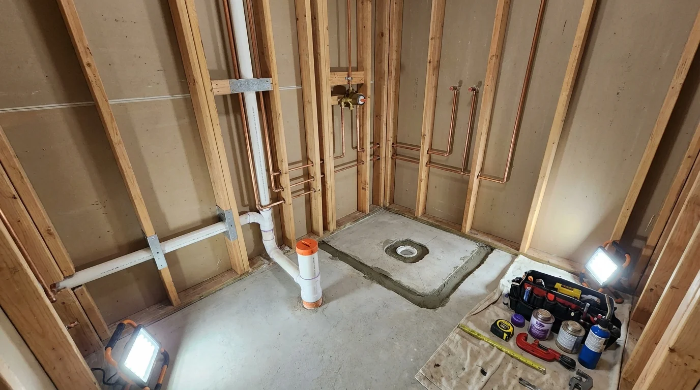 Bathroom rough-in plumbing during remodel by Johns Plumbing LLC in New Bremen
