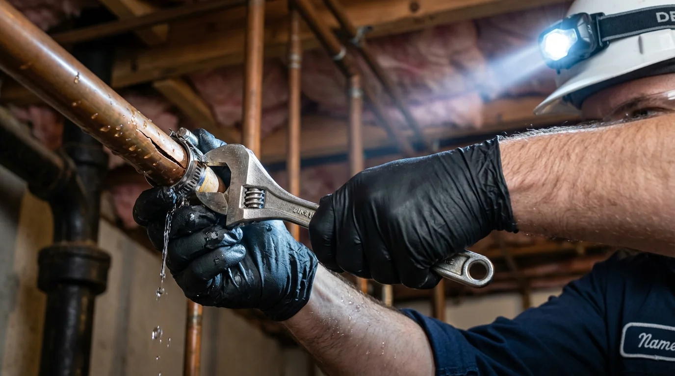Emergency pipe clamp repair being performed by a Johns Plumbing LLC plumber in New Bremen