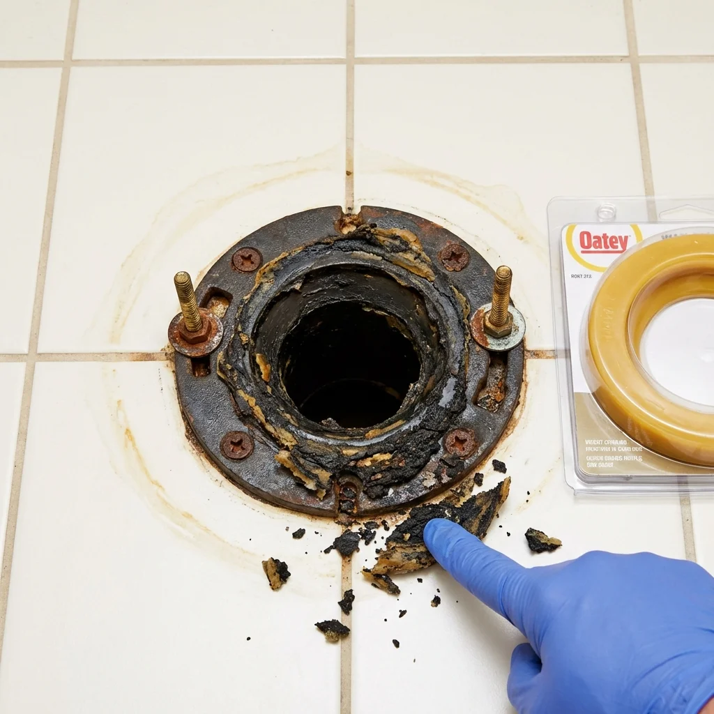 Failed wax ring showing water seepage at the base of a toilet in a New Bremen, OH home