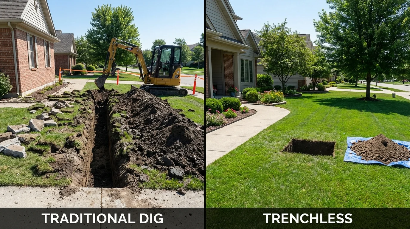 Trenchless sewer repair with minimal yard damage versus traditional excavation in New Bremen, OH