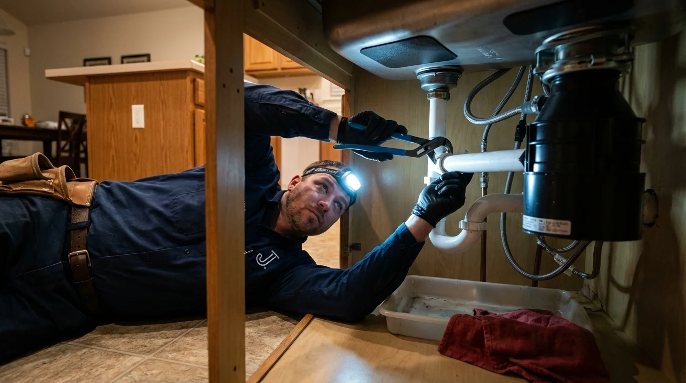 P-trap and supply line connections under a kitchen sink showing a common leak point in New Bremen, OH